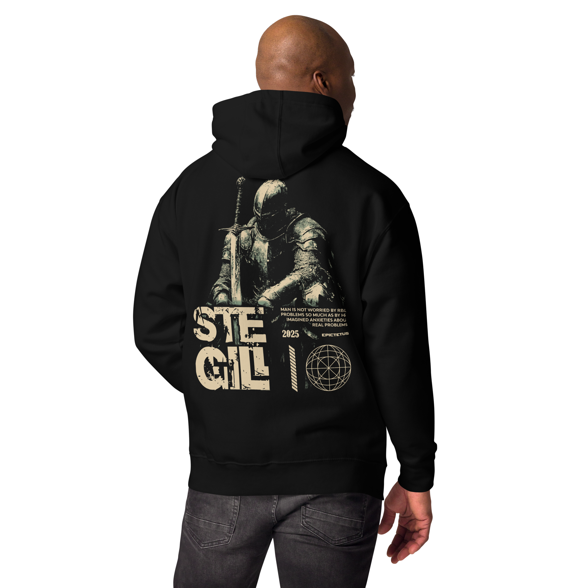 Black SteGill The Lone Warrior unisex T-shirt featuring a heritage cotton fabric design on the back.