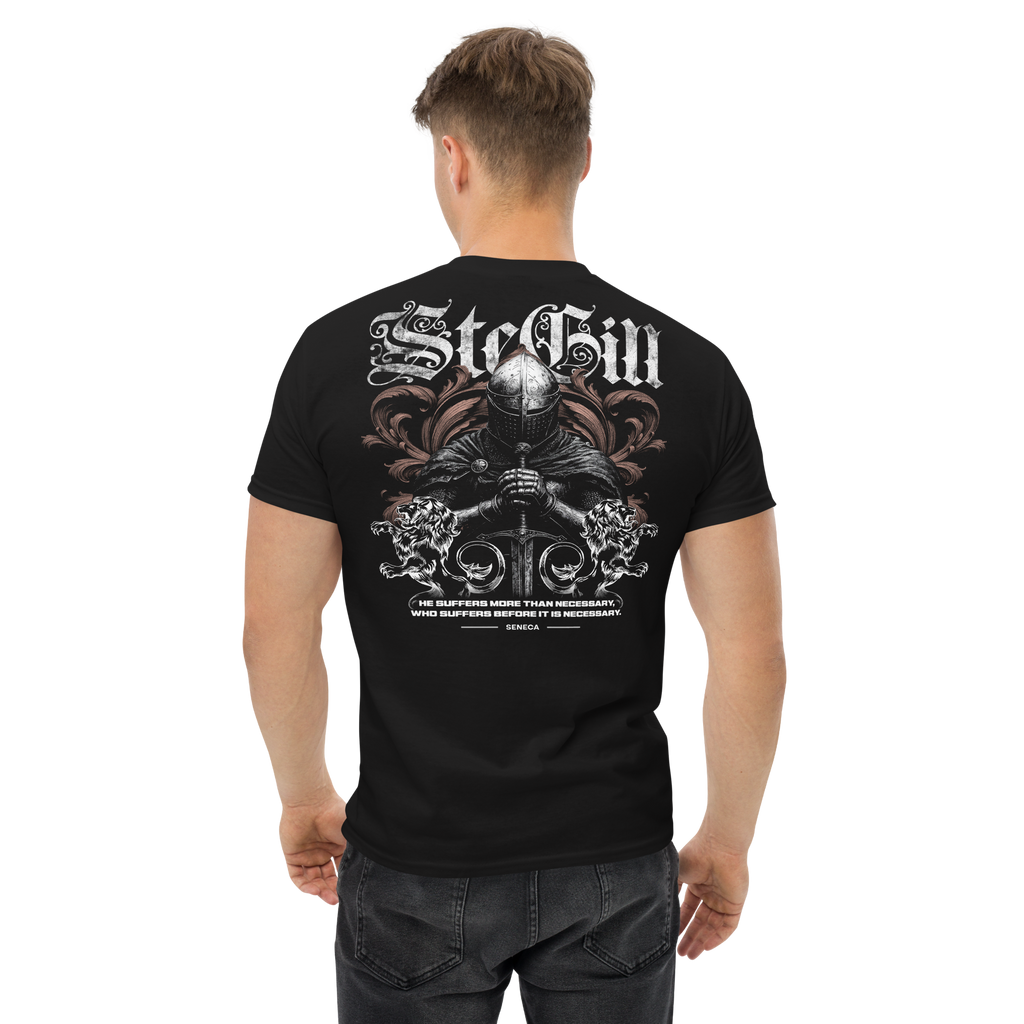 Black unisex SteGill The Quiet Knight T-shirt displayed from the back, casual crewneck design, soft fabric, and comfortable fit.