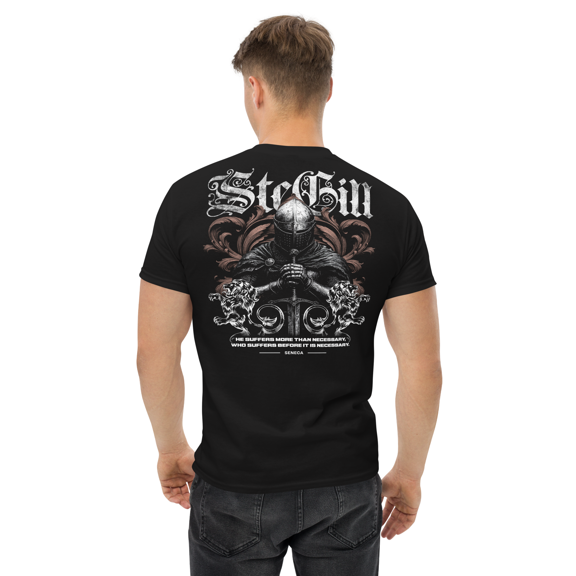 Black unisex SteGill The Quiet Knight T-shirt displayed from the back, casual crewneck design, soft fabric, and comfortable fit.