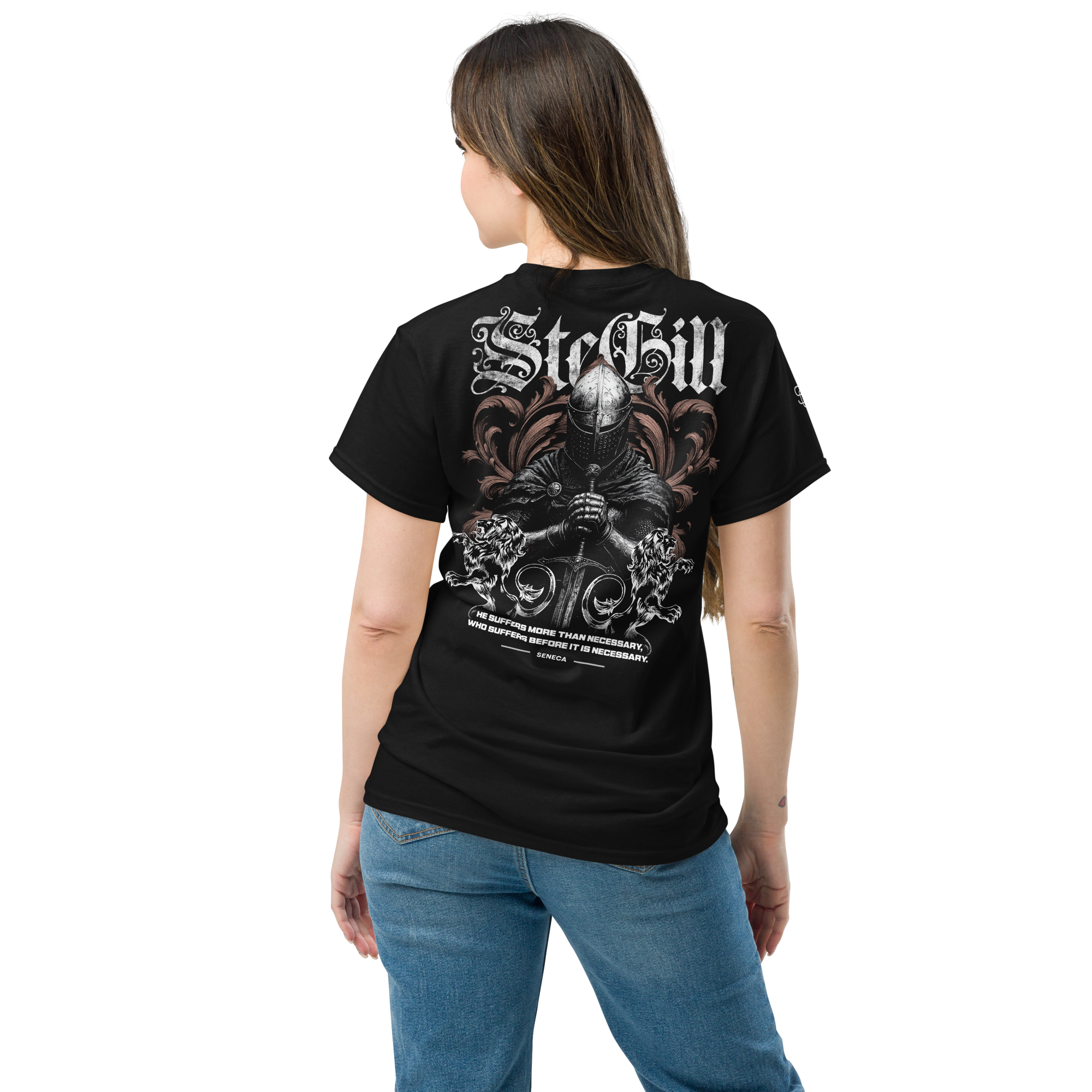 Black unisex SteGill The Quiet Knight T-shirt with a classic fit and graphic design on the back.