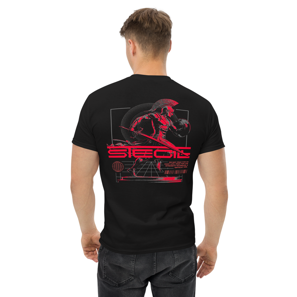 Black SteGill The Red Spartan unisex T-shirt with a classic fit, featuring a bold Spartan graphic on the back.