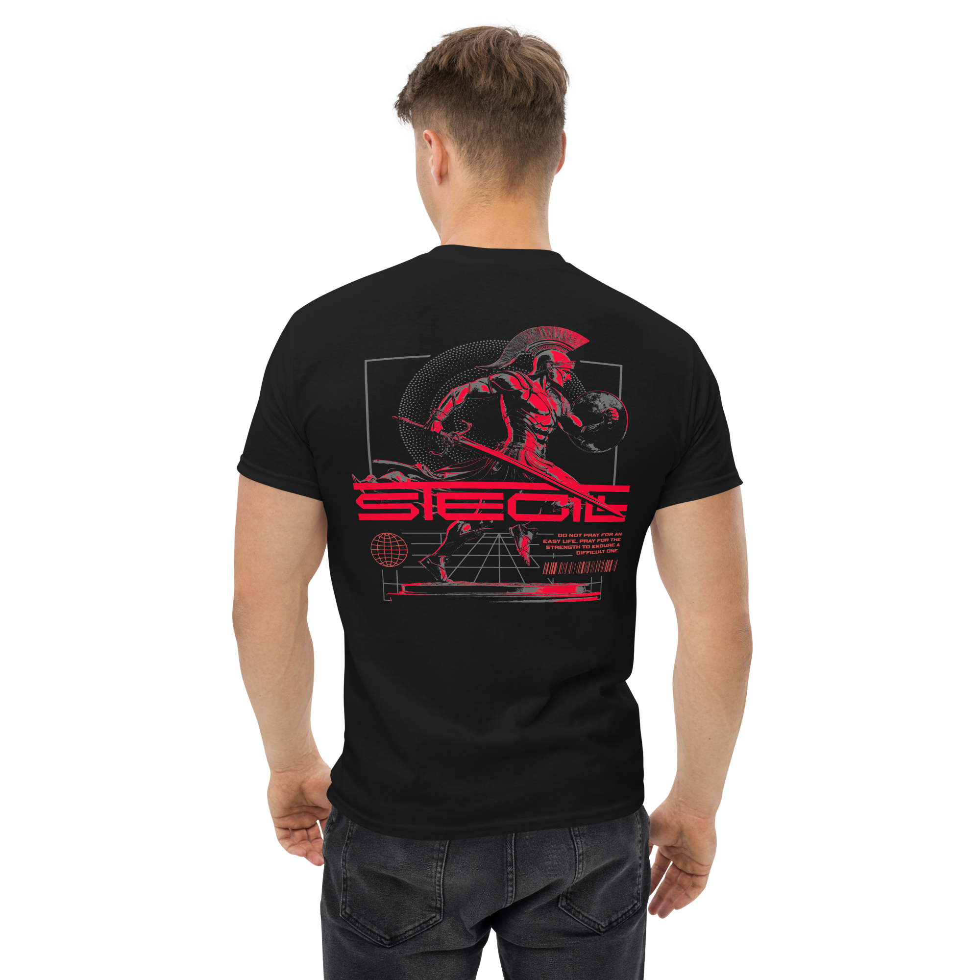 Black SteGill The Red Spartan unisex T-shirt with a classic fit, featuring a bold Spartan graphic on the back.