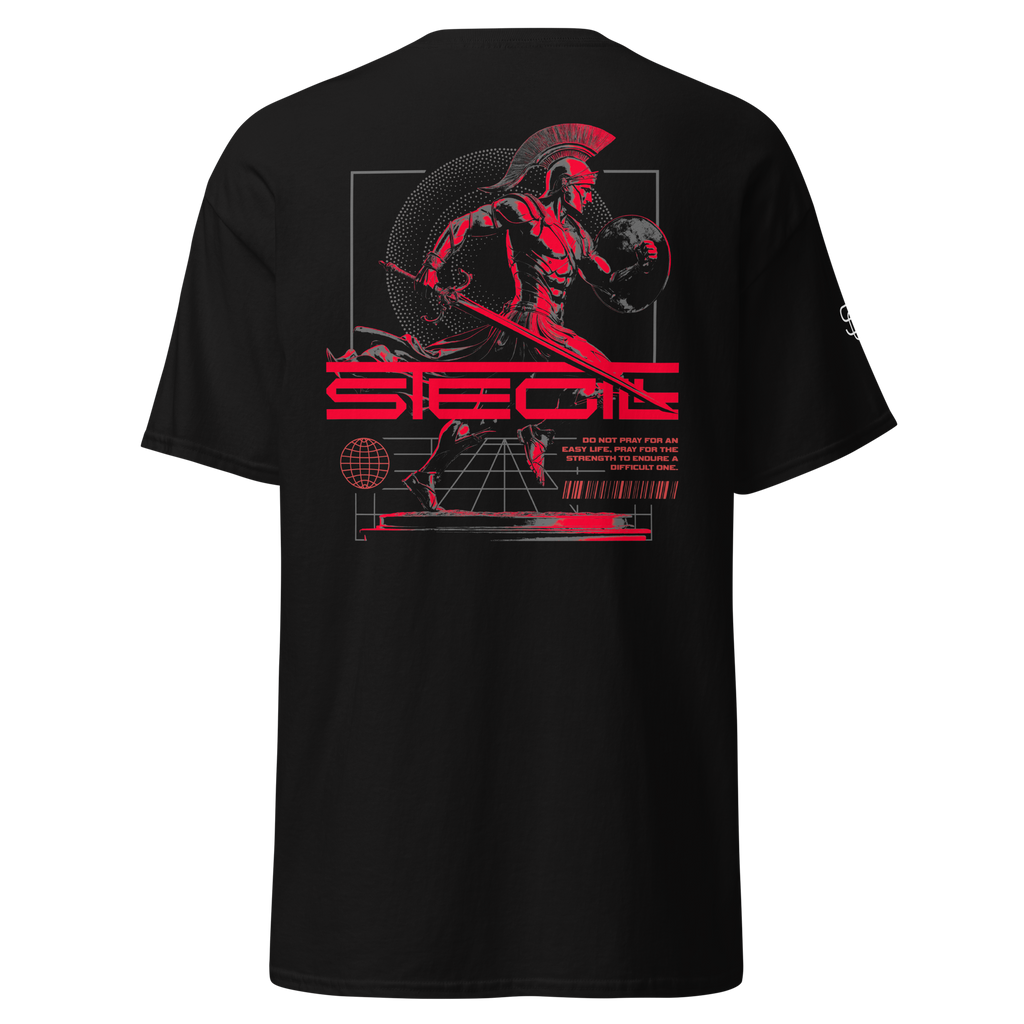 Black SteGill The Red Spartan unisex T-shirt with a graphic design on the back, featuring a bold red Spartan helmet.