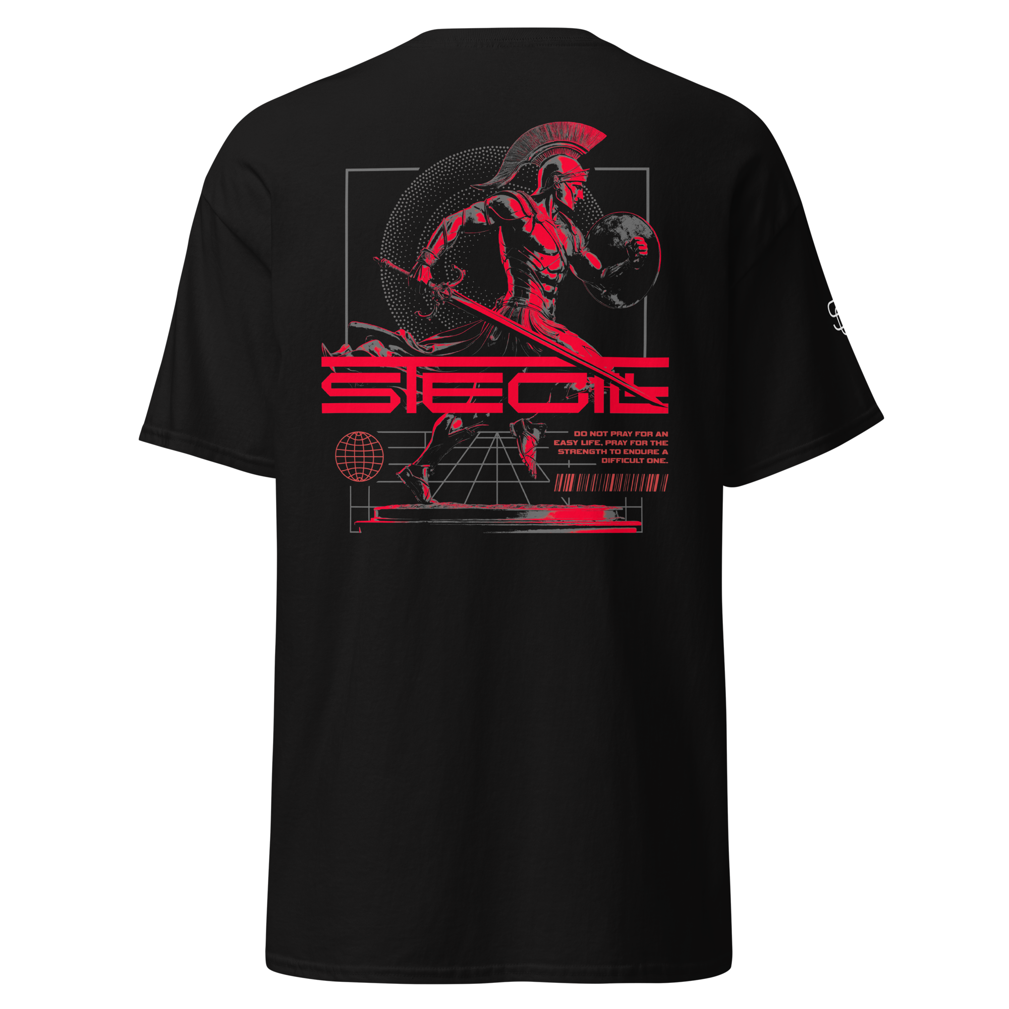 Black SteGill The Red Spartan unisex T-shirt with a graphic design on the back, featuring a bold red Spartan helmet.