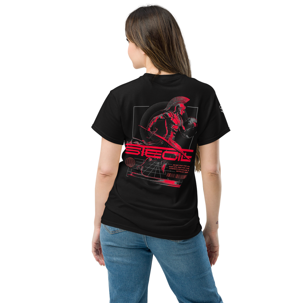 Black unisex SteGill The Red Spartan T-shirt with graphic print on the back, classic fit and comfortable cotton fabric.