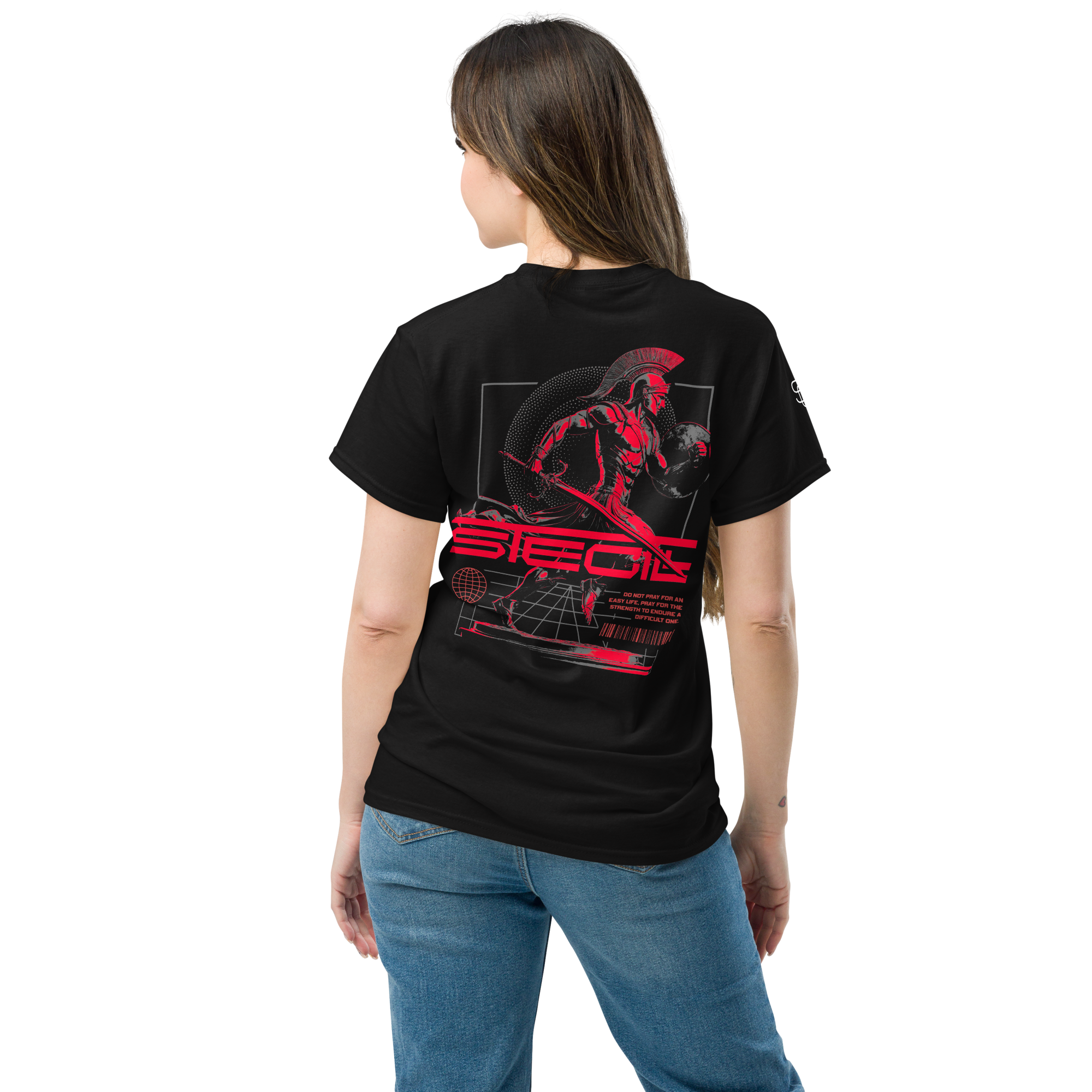 Black unisex SteGill The Red Spartan T-shirt with graphic print on the back, classic fit and comfortable cotton fabric.
