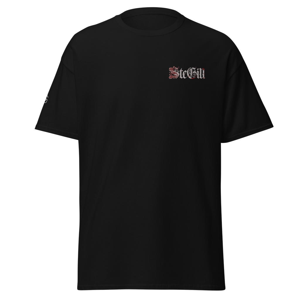 Black SteGill The Quiet Knight unisex T-shirt with front graphic design, casual and comfortable for everyday wear.