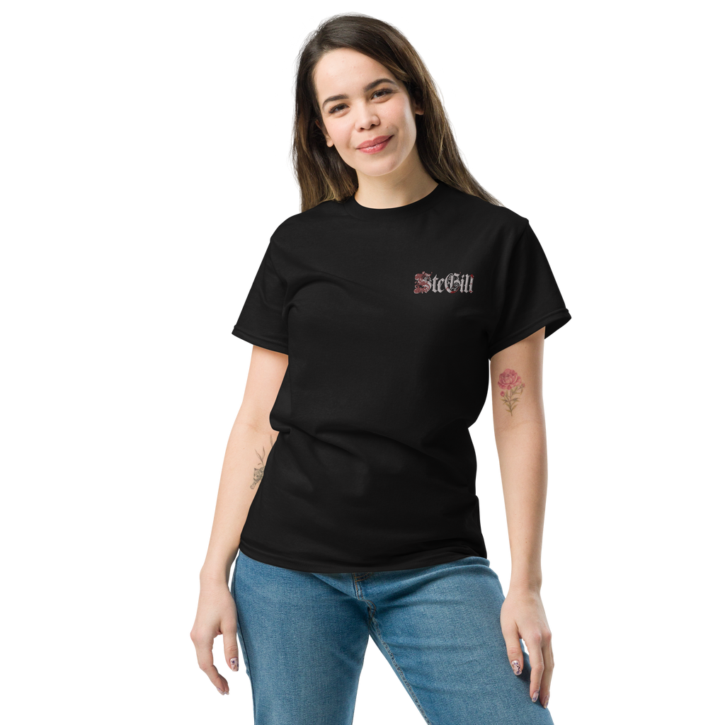 Black SteGill The Quiet Knight unisex classic T-shirt with front design, casual fit, and soft cotton fabric.