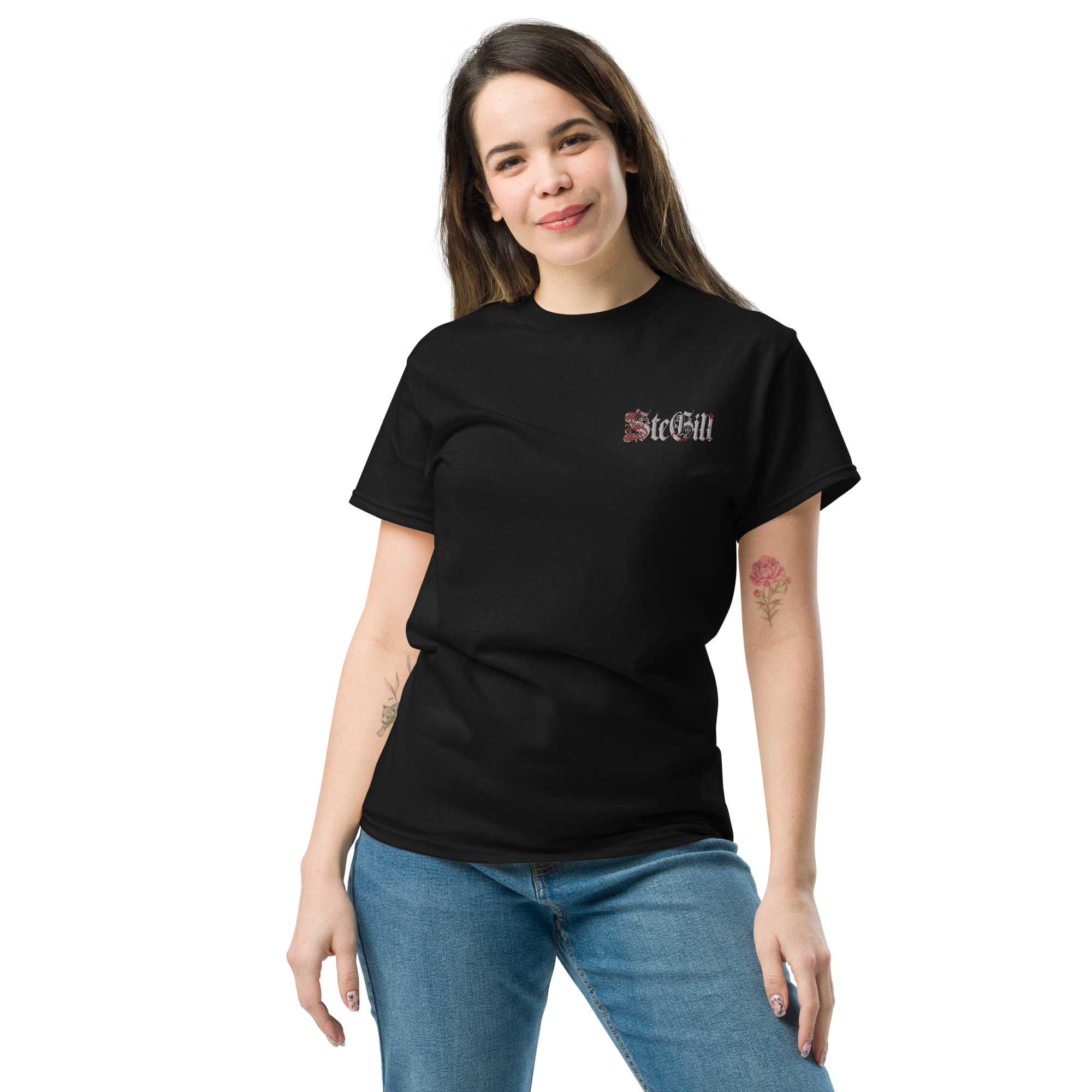 Black SteGill The Quiet Knight unisex classic T-shirt with front design, casual fit, and soft cotton fabric.