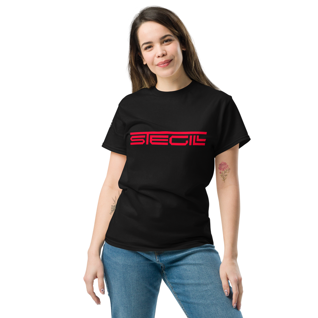 Black SteGill The Red Spartan unisex T-shirt with a front graphic design featuring a red Spartan helmet.