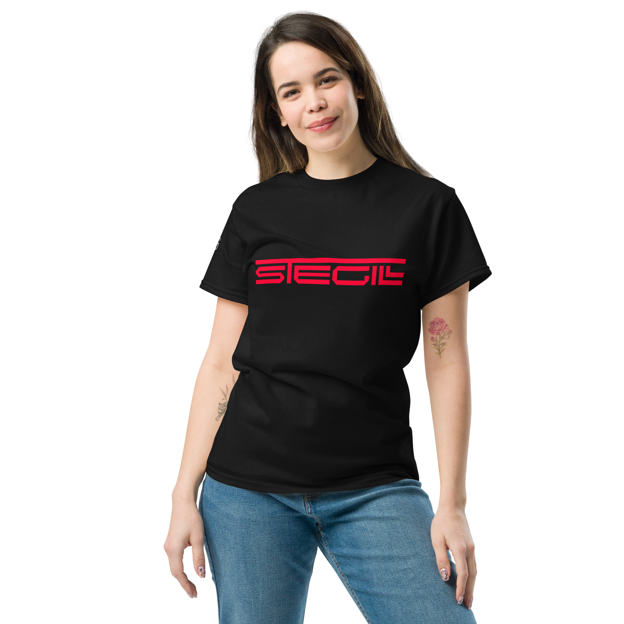 Black SteGill The Red Spartan unisex T-shirt with a front graphic design featuring a red Spartan helmet.