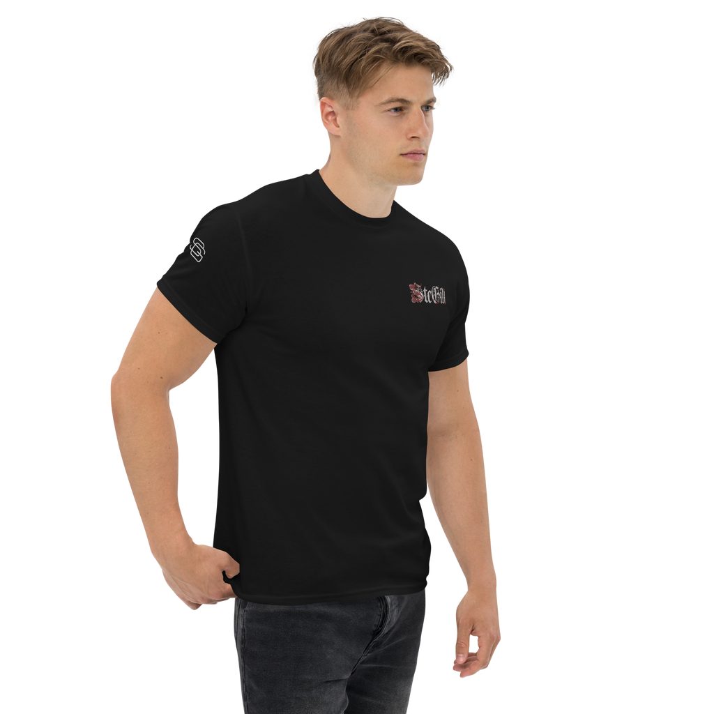 Black unisex SteGill The Quiet Knight T-shirt shown from the right front view, featuring a classic fit and simple design.
