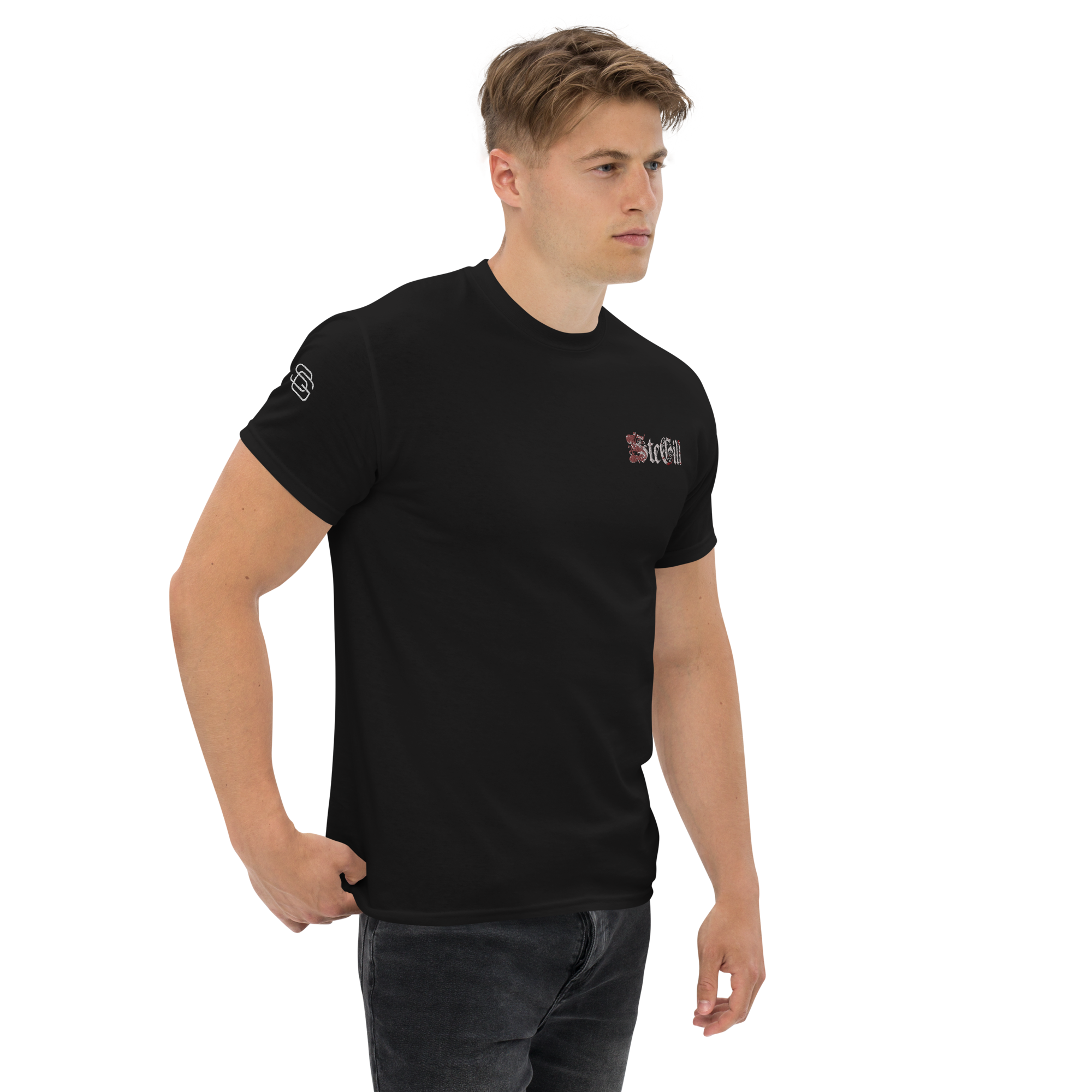 Black unisex SteGill The Quiet Knight T-shirt shown from the right front view, featuring a classic fit and simple design.