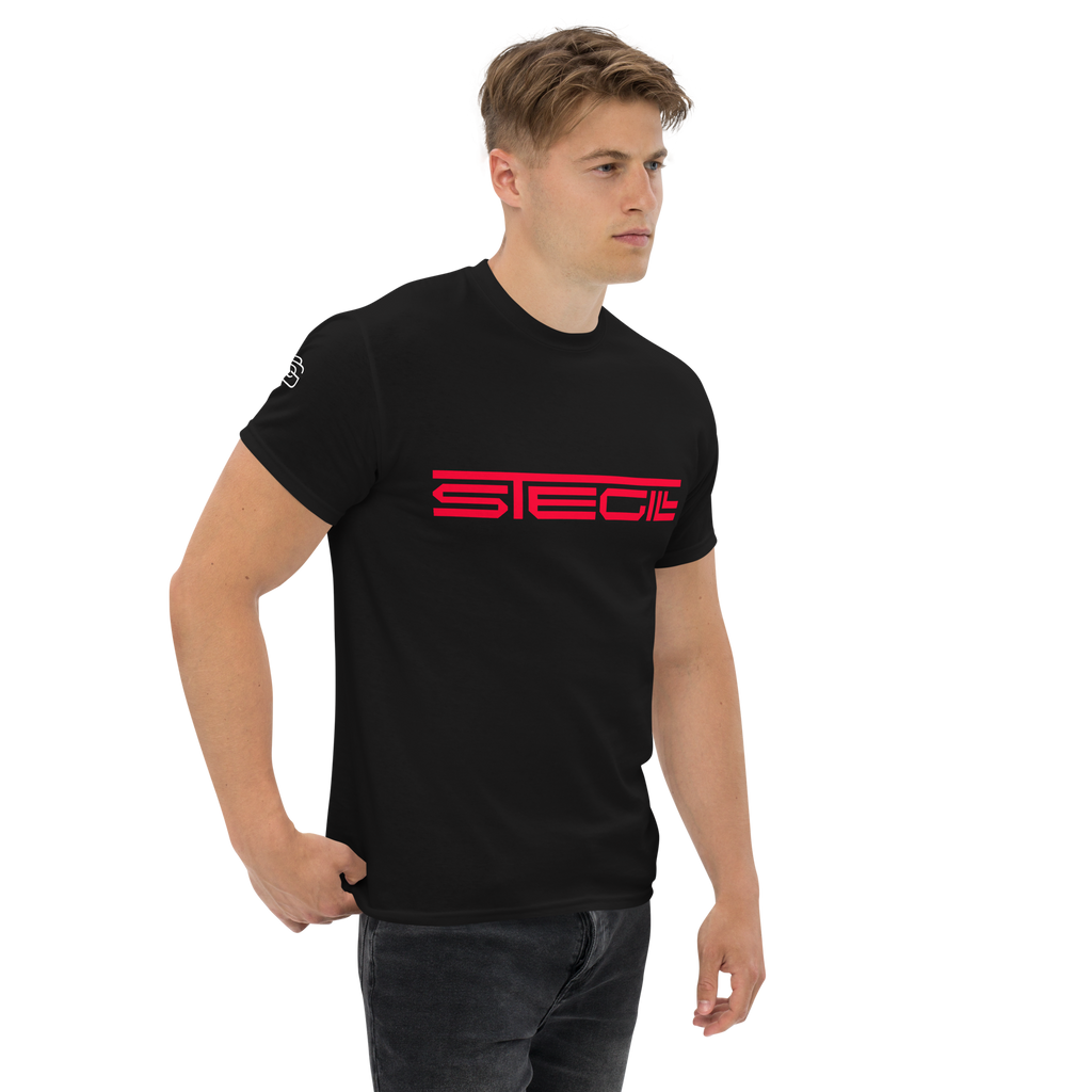 Black SteGill The Red Spartan unisex T-shirt showing the front design with a bold Spartan graphic on a classic fit tee.