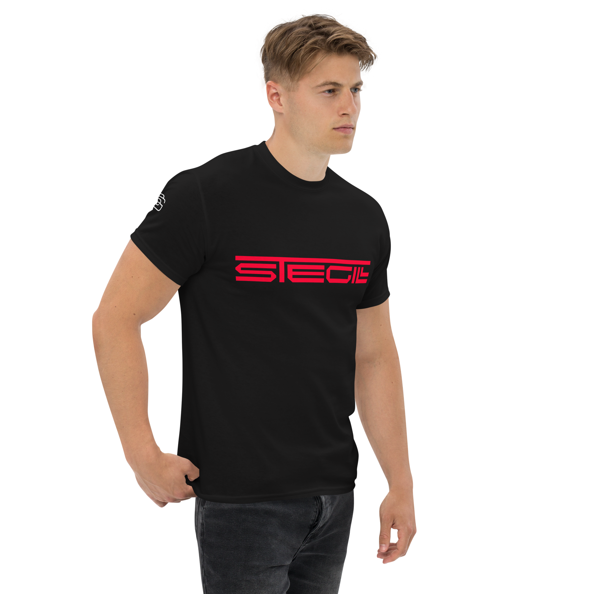 Black SteGill The Red Spartan unisex T-shirt showing the front design with a bold Spartan graphic on a classic fit tee.