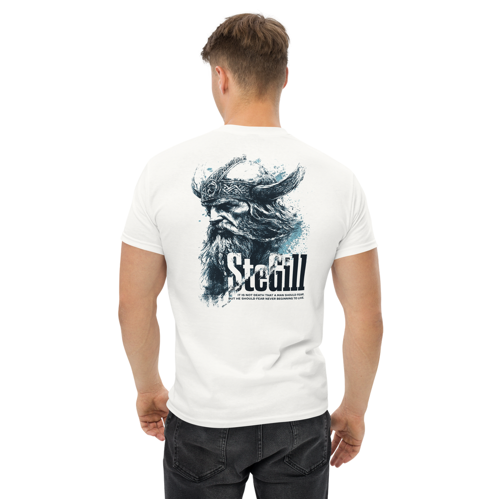 White unisex SteGill The Cold Viking T-shirt with back design, casual classic fit for everyday wear.