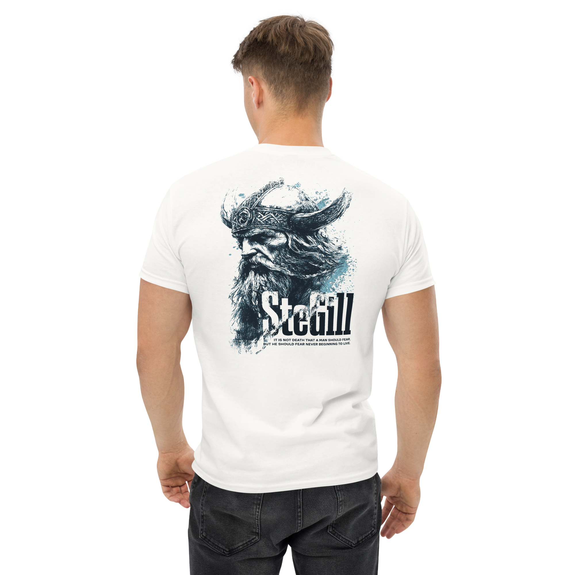 White unisex SteGill The Cold Viking T-shirt with back design, casual classic fit for everyday wear.