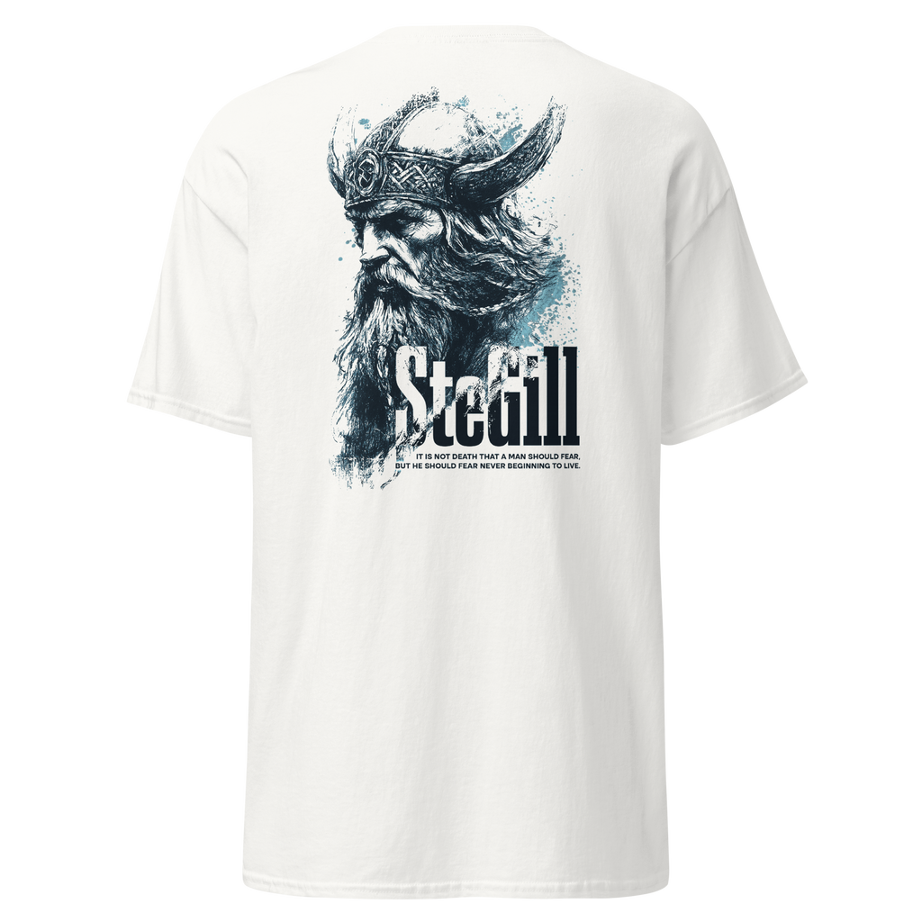 White SteGill Cold Viking unisex T-shirt with back graphic, casual fit, classic crew neck, and bold Viking design.