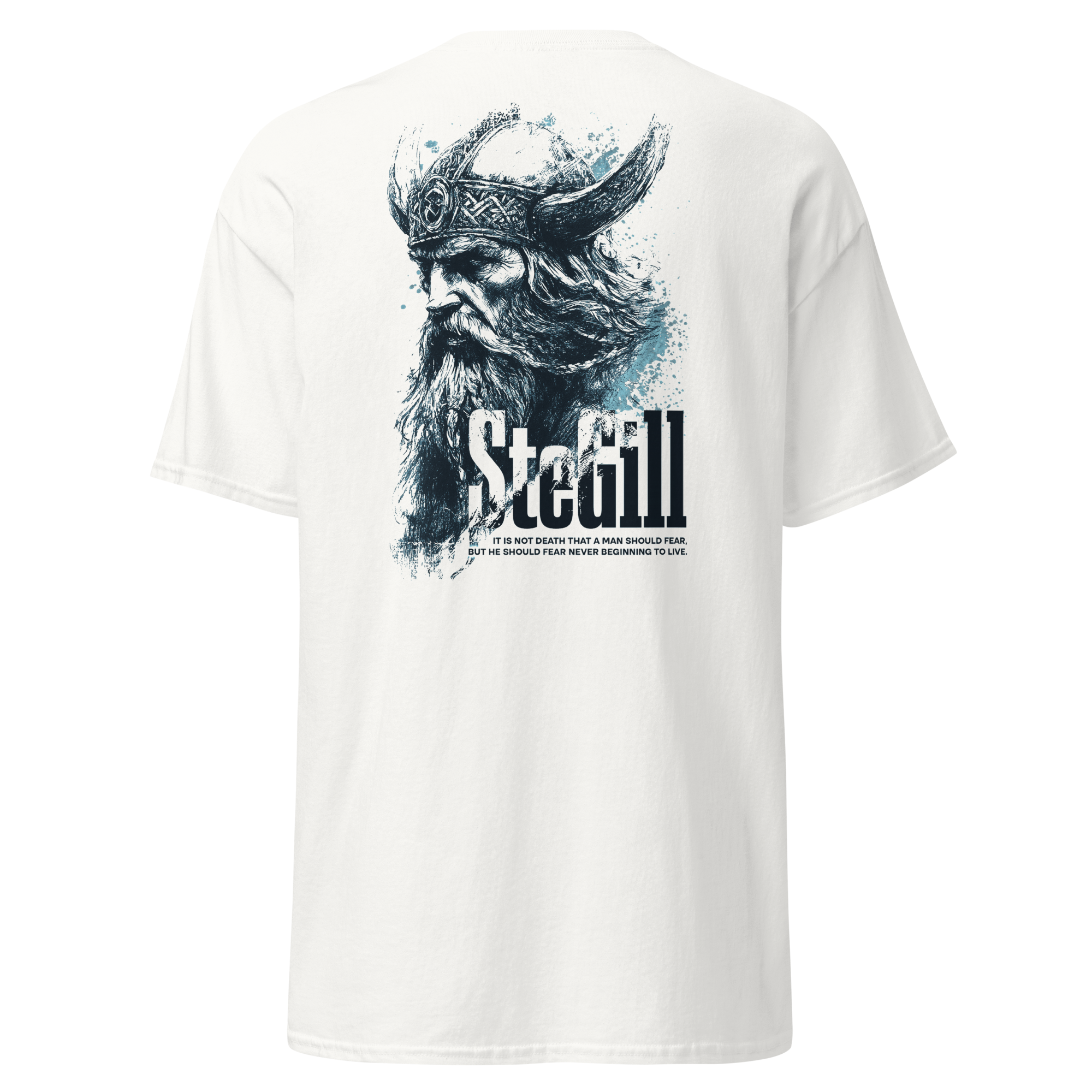 White SteGill Cold Viking unisex T-shirt with back graphic, casual fit, classic crew neck, and bold Viking design.