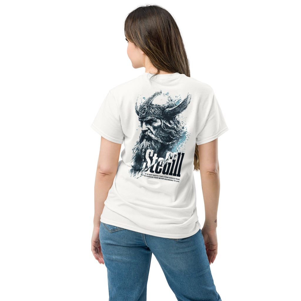 White unisex SteGill The Cold Viking T-shirt with a bold Viking graphic on the back, casual and comfortable fit.