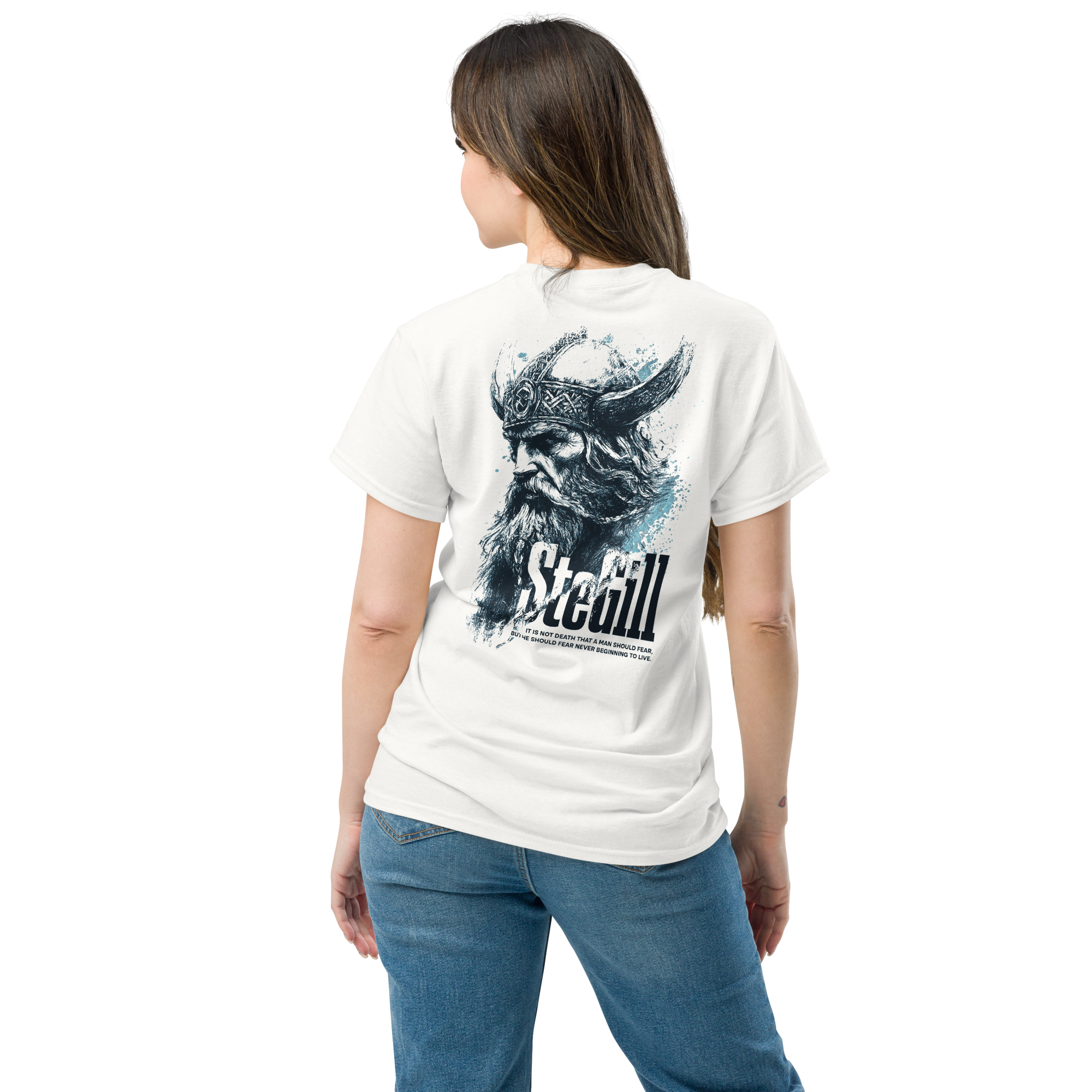 White unisex SteGill The Cold Viking T-shirt with a bold Viking graphic on the back, casual and comfortable fit.