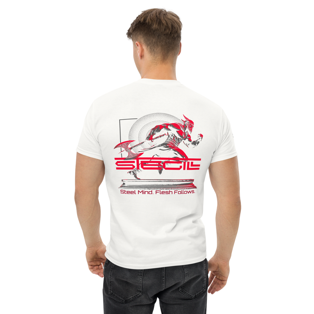 White SteGill The Fast Viking unisex T-shirt showing the back design with Viking-themed artwork.