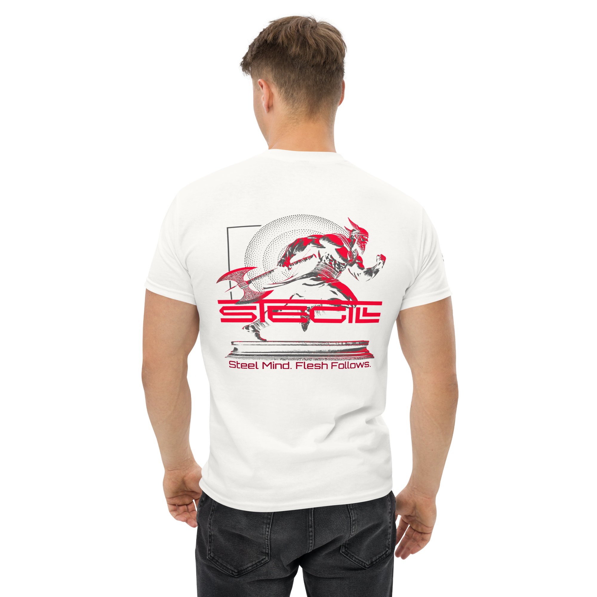 White SteGill The Fast Viking unisex T-shirt showing the back design with Viking-themed artwork.