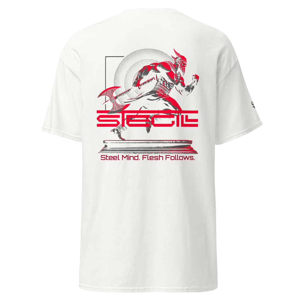 White SteGill The Fast Viking unisex classic T-Shirt showing back design with Viking-themed graphics.