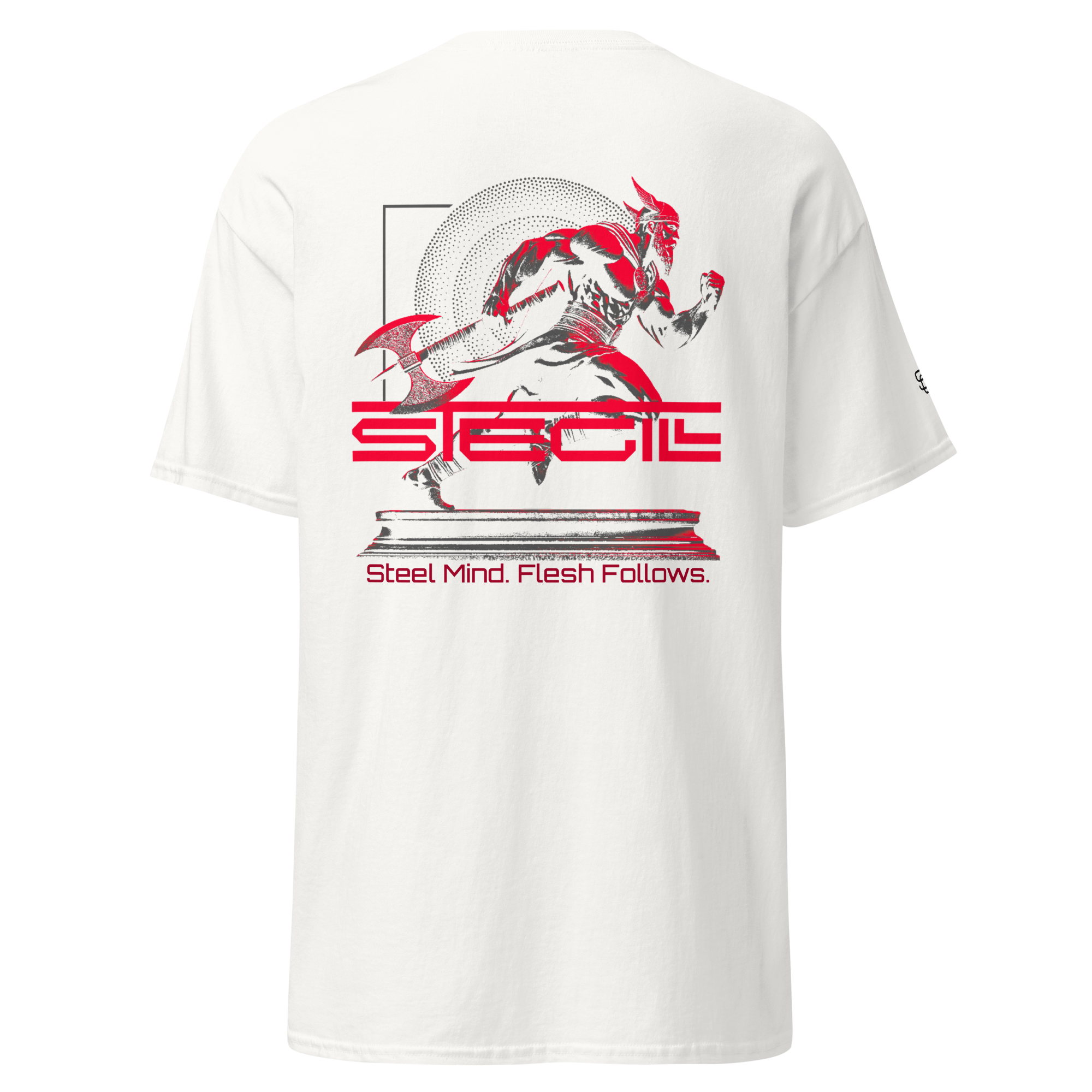 White SteGill The Fast Viking unisex classic T-Shirt showing back design with Viking-themed graphics.