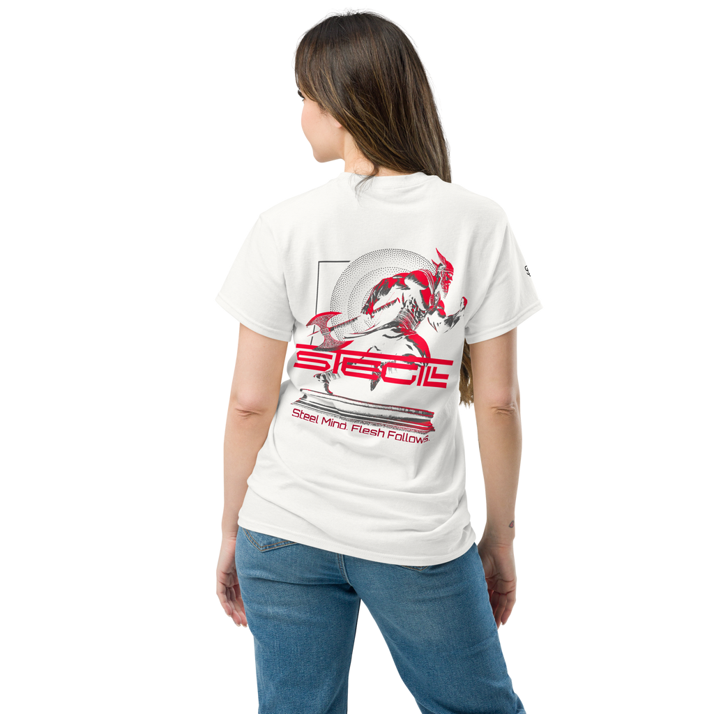White SteGill The Fast Viking unisex classic T-shirt showing a back view with Viking-themed graphic design