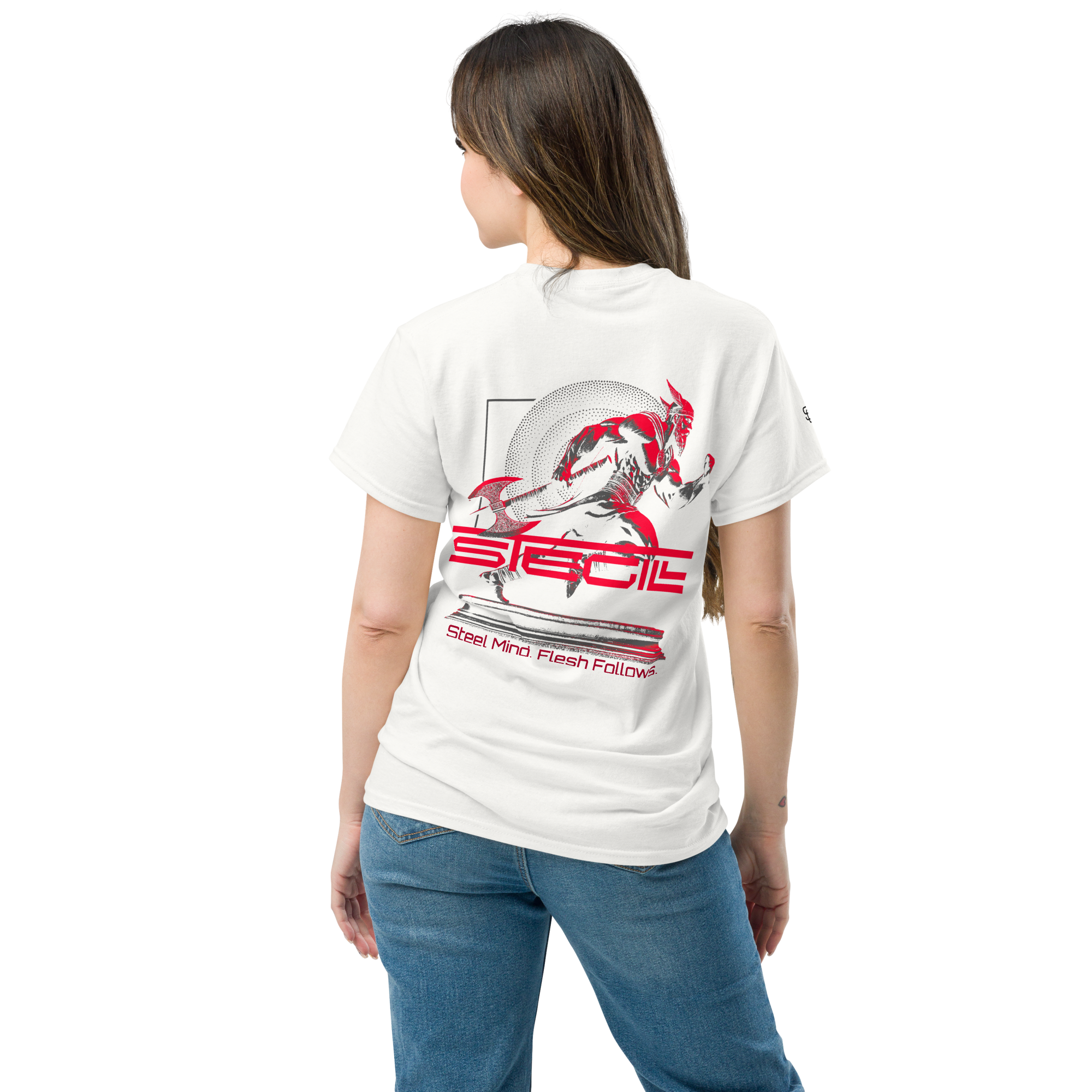 White SteGill The Fast Viking unisex classic T-shirt showing a back view with Viking-themed graphic design