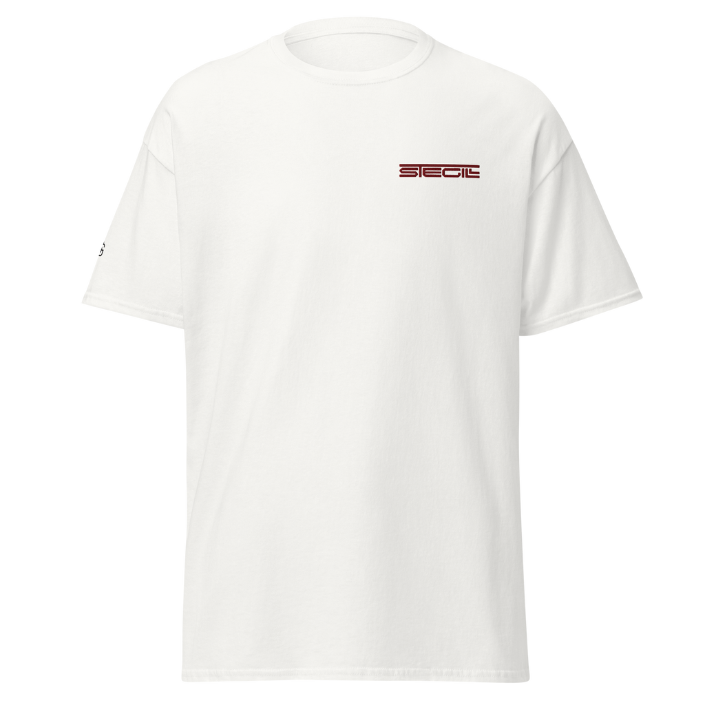 White SteGill The Fast Viking unisex classic T-shirt with front graphic design on a plain background