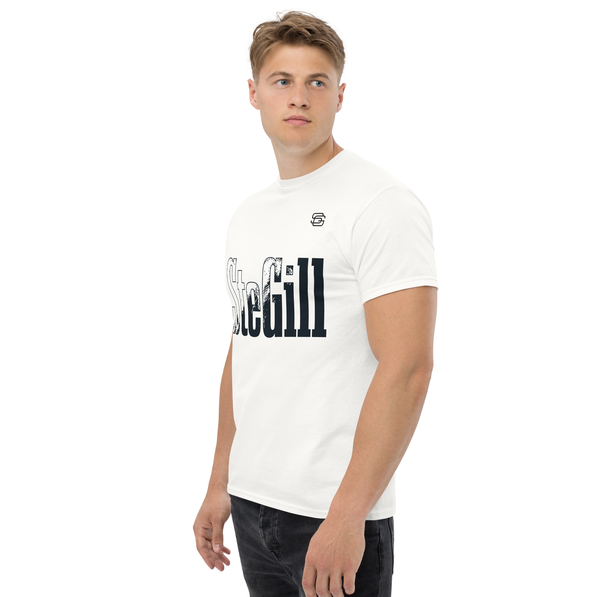 White SteGill The Cold Viking unisex classic T-shirt with a front left logo design.